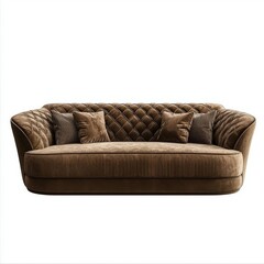 An isolated classic sofa in brown quilted fabric on a transparent background