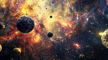 Wall Mural - a view of a distant galaxy, featuring a bright nebula and several planets