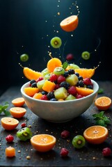 Bowl of fruit salad with berry orange kiwi and mint fruits beautiful