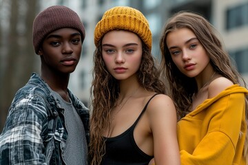 Three Young Adults Posing with Casual Attire and Varying Skin Tones