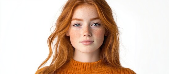 Young woman with red hair and freckles looking at the camera against a white background.