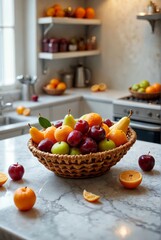 Close up view of fruit basket on marble desk with blurred kitchen room fruits beautiful