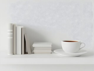 Minimalist Nutrition App Setup with Books Journals and Tea on White Background