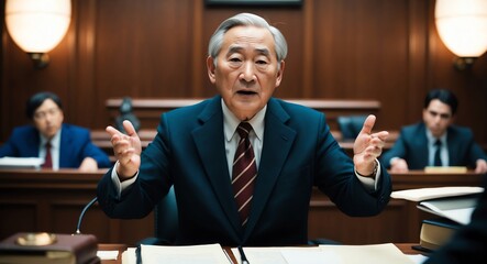 Canvas Print - Confident elderly Asian lawyer in a courtroom delivering arguments