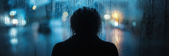 Aufkleber - A person stands by a window, observing raindrops trickling down the glass, reflecting a mood of solitude and contemplation on a dreary day. Generative AI