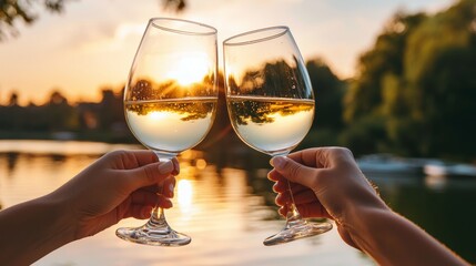 On a sunset, a group of girlfriends raise a toast with a glass of white wine. Close-up.