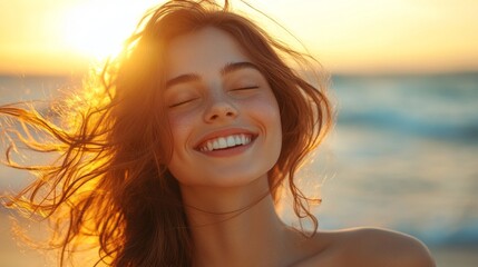 Wall Mural - A woman with long hair is smiling and looking at the camera