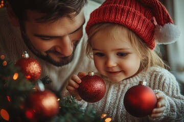 Portrait of a father and daughter in a Santa Claus hat decorating a Christmas tree. Christmas concept. Happy family decorating Christmas tree