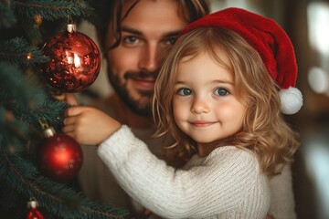 portrait of a father and daughter in a santa claus hat decorating a christmas tree. christmas concep