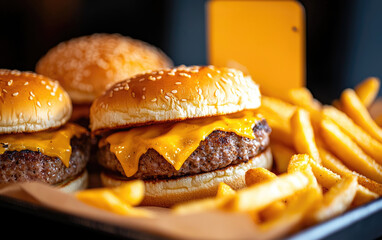 A tray filled with burgers and fries with a  Best Value  sign in the background selective focus, promotion theme, realistic, blend mode, food court backdrop