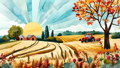 Wall Mural - Rustic Harvest Time Discounts in Watercolor with Flat Design and Complementary Color Scheme