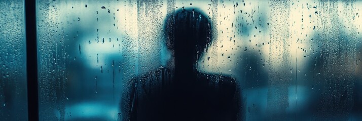 Aufkleber - A lone person stands by a rain-covered window, observing the drops trickling down the glass on a somber, introspective day. Generative AI
