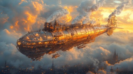 Steampunk Airship Soaring Above a Cityscape