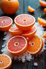 Wall Mural - Pink citrus fruits - cuts slices halves closeup of pink fruits oranges grapefruits fruits beautiful