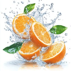 Cut out fresh oranges splashed with leaves