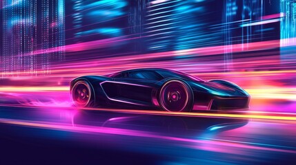 Sticker - It's a futuristic sports car cruising across a neon-lit highway illuminating the night track with neon lights and trails.