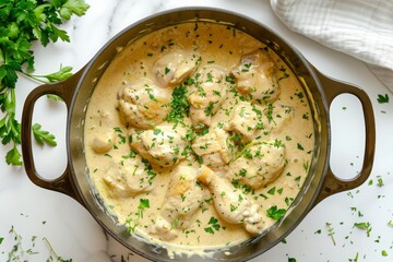 Wall Mural - A large pot of creamy chicken, surrounded by white cream sauce and fresh herbs on the side, placed against a marble background.