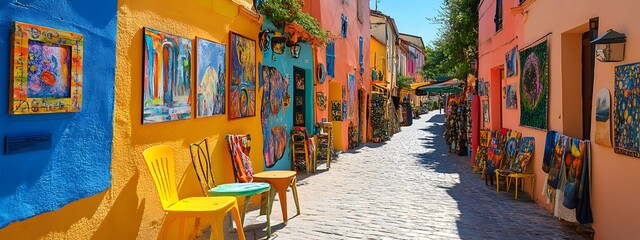 Wall Mural - Colorful street in the city of Aix-en-Provence, with paintings on buildings and art gallery doors