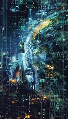 Wall Mural - a futuristic digital world through a computer lens featuring circuits, code, and landmarks