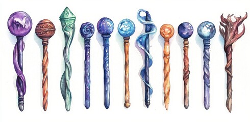 Set of magic wizard staffs with unique tops, cut out to use for magic