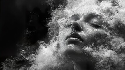 Mystical Portrait: Woman in Fog, Black and White Photography