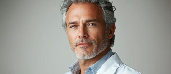 Confident mature man with grey hair and beard wearing a white lab coat against a white background.