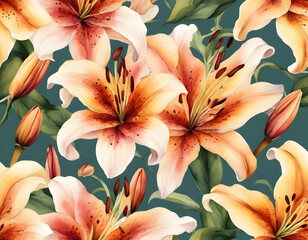 Wall Mural - Watercolor seamless lily flowers background