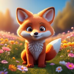 Sticker - A Cartoon Fox in a Meadow of Flowers During Springtime