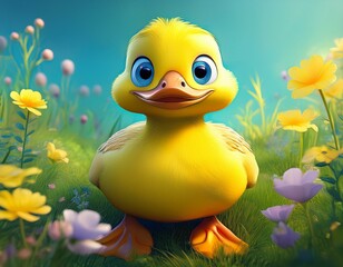 Sticker - A Cartoon Yellow Duck in a Meadow of Flowers During Springtime