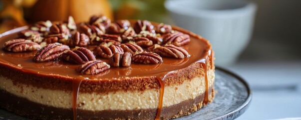 Delicious cheesecake topped with caramel and pecans, perfect for dessert lovers seeking a sweet and creamy treat.