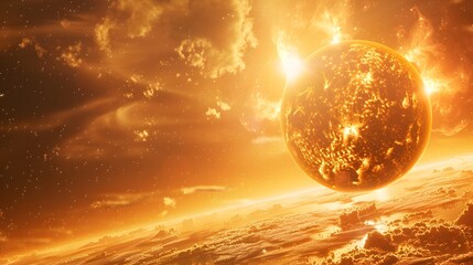 Wall Mural - fiery sun like planet with glowing golden landscape and solar flares emerging from its core sci fi s