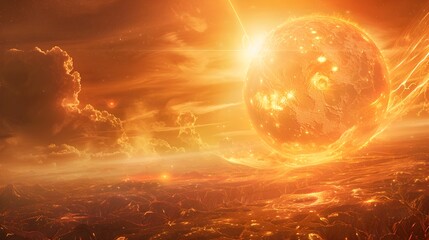 Wall Mural - fiery planetary landscape with glowing solar flares emerging from the core