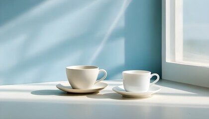 Wall Mural - Warm sunlight illuminating a white coffee cup and saucer on a table, creating a cozy and inviting atmosphere.