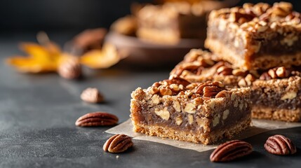 Delicious pecan pie bars topped with crunchy nuts on a dark background, perfect for dessert lovers and fall celebrations.