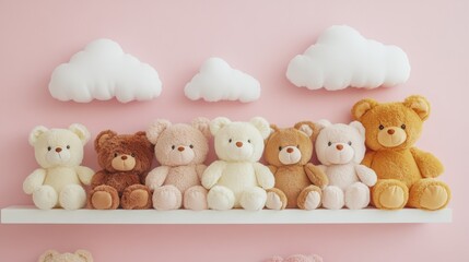 White shelves and cloudy skies surround a row of bears on a white shelf