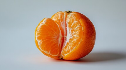 There is a half orange and a fruit-shaped bloom on a white table