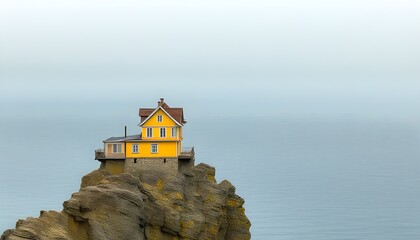 Wall Mural - Charming yellow house on a cliffside with breathtaking views of a misty ocean