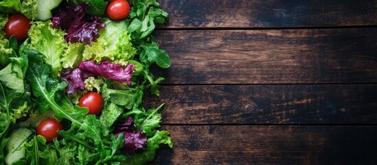 Sticker - Green salad with cherry tomatoes and cucumber on rustic wooden background with copy space.