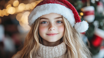 A cheerful girl wearing a red holiday hat beams with joy in a cozy atmosphere filled with twinkling lights and ornaments