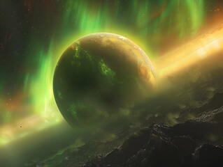 Wall Mural - Radiant Aurora Lighting up an Alien Planet s Skies under Glowing Sun