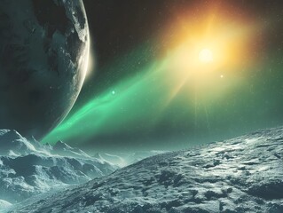 Wall Mural - Breathtaking Alien Planet Bathed in Vibrant Aurora Lights from Nearby Sun like Star