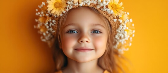 Portrait of a smiling little girl wearing a floral wreath on a yellow background.