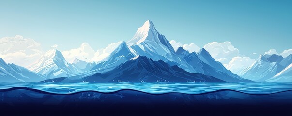 A serene landscape featuring a majestic mountain range reflected in calm blue waters under a clear sky.