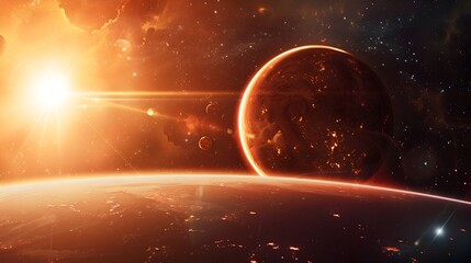 Wall Mural - dynamic trinary star system with a fiery planetary sphere in cosmic interaction