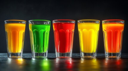 A row of colorful wine glasses with various drink options and a fresh green sprig