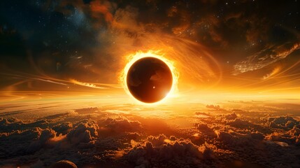 Wall Mural - dramatic solar eclipse casting ominous shadow over alien planet landscape