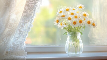 Wall Mural - Near a white-curtained window, a vase filled with white daisies rests on a window ledge