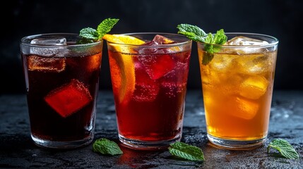 Three glasses filled with different beverages and decorated with mint and orange slices