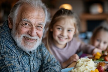 An elderly man and a child are seen bonding over a meal at a family dinner, featuring prominently mashed potatoes and other delicious dishes on the table.