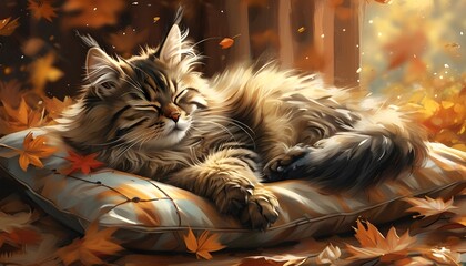 Wall Mural - Fluffy cat dozing on autumn-themed pillow amid falling leaves, illuminated by warm hues and soft lighting in a digital illustration